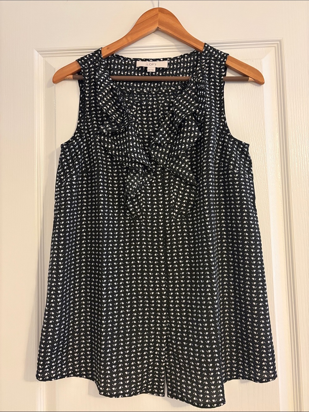 LOFT maternity Sleeveless Ruffle-Front Blouse with White Geometric Print